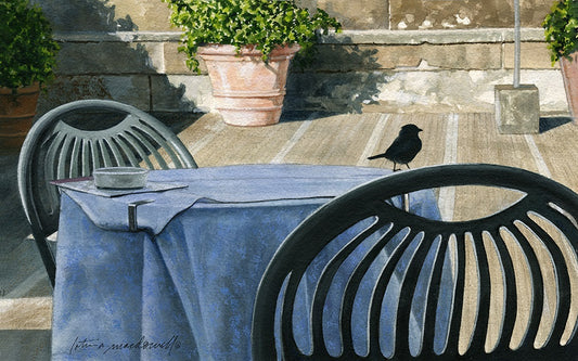 The Visitor-Florence, Italy- Limited Edition Giclee Print.  What is that little bird doing perched on the chair? Why, its looking to score some crumbs left on this table in this romantic setting. This image is a watercolor painting by Lotus MacDowell, Artworks WV. Aptly titled “The Visitor” the viewer is watching all of this unfold as the bird seems oblivious.