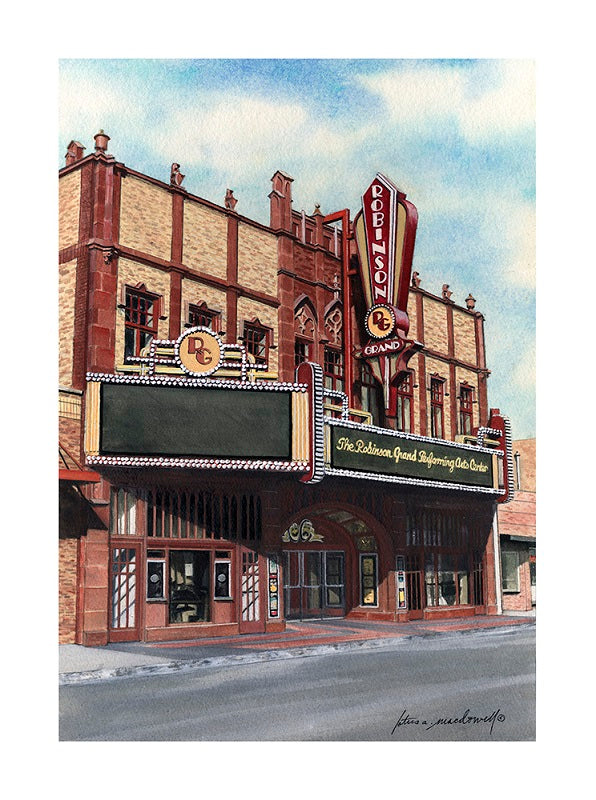 The Robinson Grand Performing Arts Center- Clarksburg, WV- Limited Edition Giclee Print, the original watercolor painting by Lotus MacDowell, Artworks WV. Wow-This building is an architectural beauty! So much detail and extra touches! The Robinson Grand was an old theater that had gone the way of many older buildings; run down, underappreciated and forgotten by many. Now it has been restored and is in its former glory.