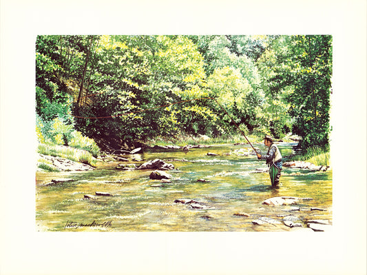 Afternoon at Thorn Creek, Franklin, WV- Limited Edition Print by Lotus MacDowell, Artworks WV: Here's a great outdoor subject: fly fishing in a stream in Franklin, WV. Every outdoor enthusiast will be hinting that they want this for their home or office. Introducing the Limited-Edition Print version of this powerful watercolor painting titled "Afternoon at Thorn Creek" by Lotus MacDowell. The sun beats down on this pristine stream, as a fly fisherman casts his line, waiting for some trout.