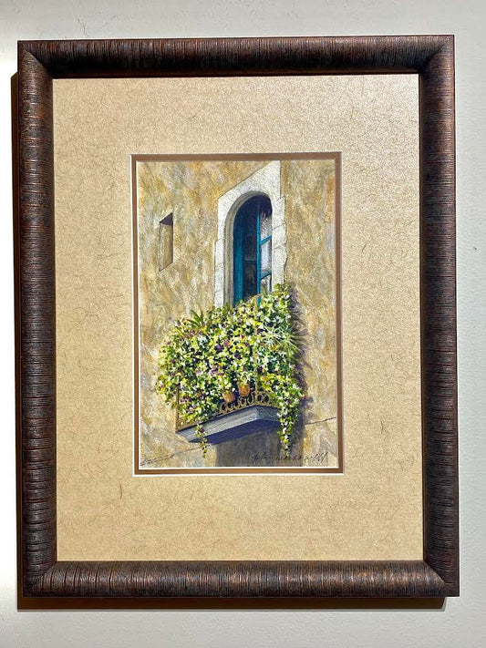 Open Invitation- Paris Original Watercolor Painting by Lotus MacDowell, Artworks WV.  Balconies are usually found in areas where buildings have been constructed with no green areas. This was very common 100 to 300 years ago or more, but the way people would bring the beauty of nature to their home was to have a profusion of plants and flowers on their balconies. It gave them a sense of having nature right there to enjoy even though they were right in the city.