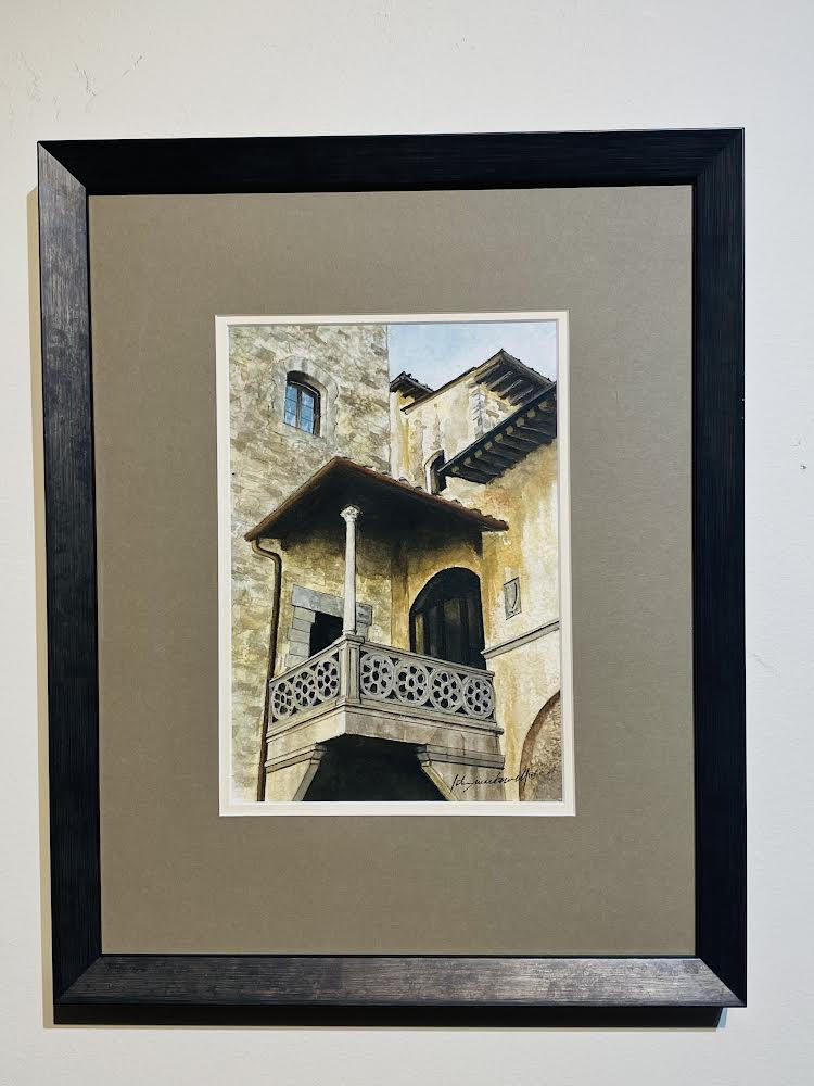 View From Above- Italy- Original Watercolor Painting by Lotus MacDowell, Artworks WV.  This balcony scene sends us back in time to an era where simplistic architecture could still flaunt some special detail. Not every person could have a building with tremendously ornate detail on it. That was usually reserved for the very rich. But there were all types of artisans who could create different types of architectural details and this is an example of a beautiful concrete design with a balcony.