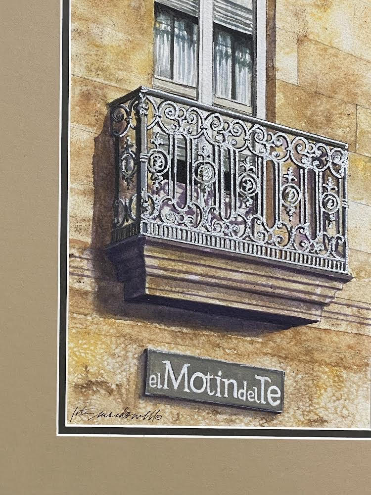 Balcony- el Motin del Te- Spain Original Watercolor by Lotus MacDowell, Artworks WV: Sometimes the most beautiful parts of architecture are above eye level. This is especially true in old buildings because the designers would really pay attention to the whole entire building when they designed it, creating something beautiful for each and every part of it.