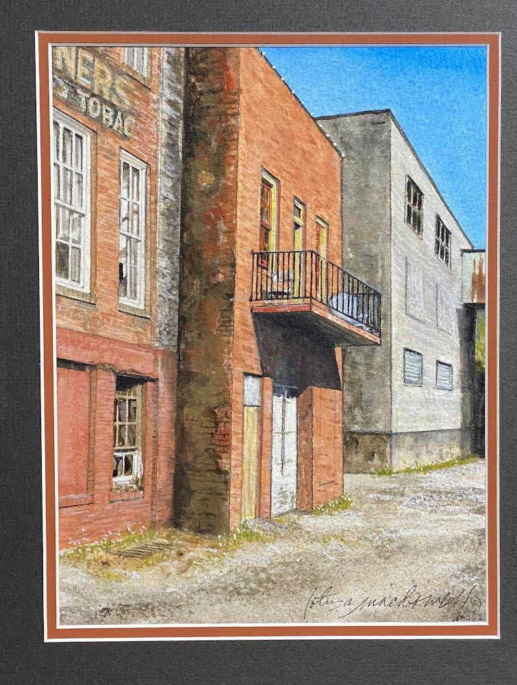 Warehouse Balcony- Glen Elk / Clarksburg, WV Watercolor Painting by Lotus MacDowell, Artworks WV. This moody, almost drab painting is one of Lotus‘s very favorites in this series. She likes the fact that there is so little beauty there that it almost becomes an imaginary backdrop for the viewer to think about what could be there that would make it a lovely place.