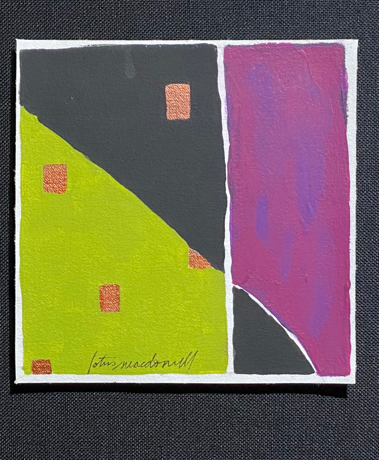 Escape The Night - Original Acrylic Painting on Canvas, original painting by award winning artist Lotus MacDowell. The title suggests a transformation from the oppression of darkness in to a serene area of green. The copper metallic rectangles show movement toward the green area, as one last shape is slowly working its way to the same destination.