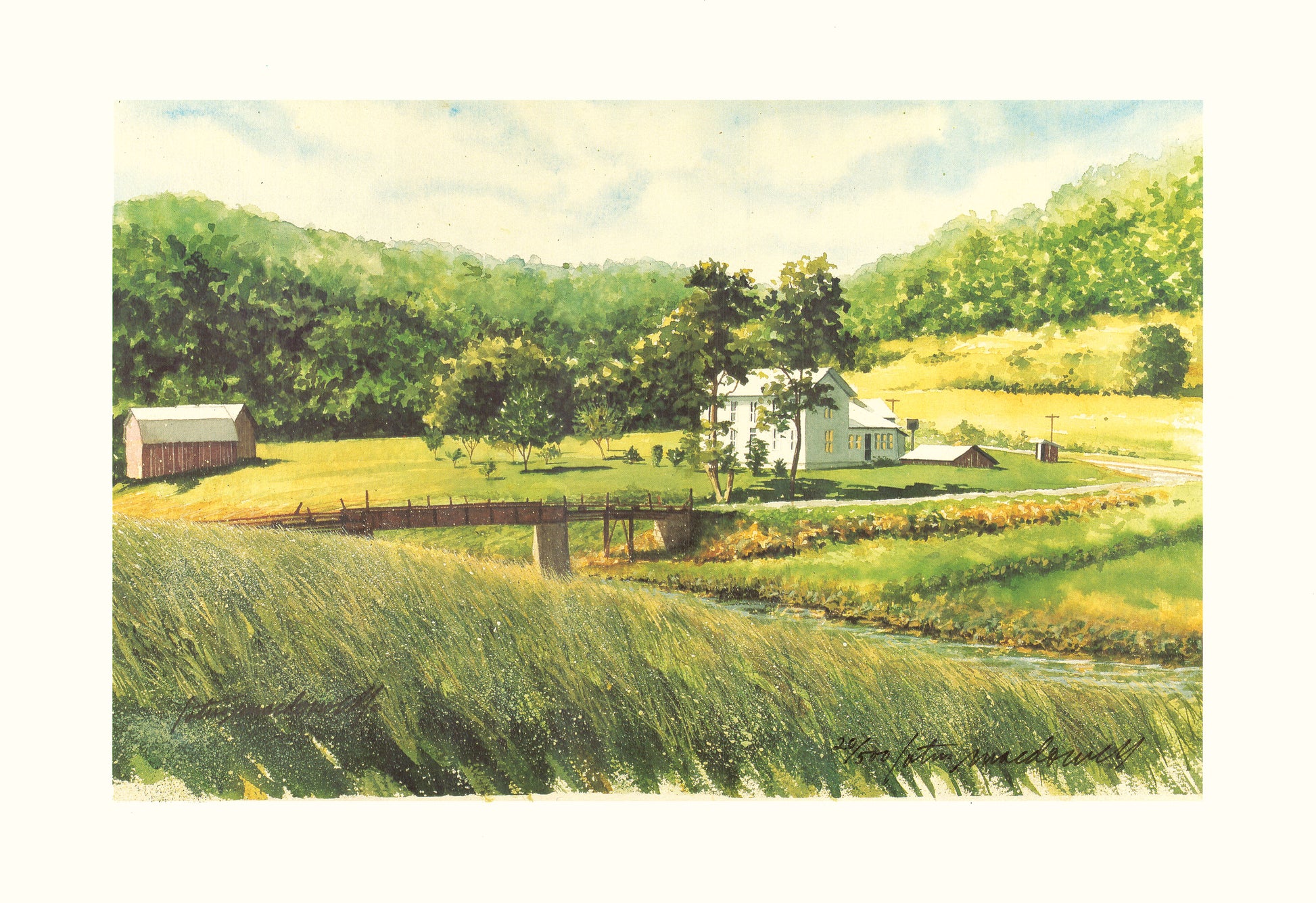 County Line- Brown, WV- Limited Edition Print: Introducing the limited-edition print version of "County Line", from an original watercolor painting by Lotus MacDowell and inspired by her love of the rural countryside. West Virginia is a state with rolling hills, white farmhouses dotting the countryside, and small streams everywhere.