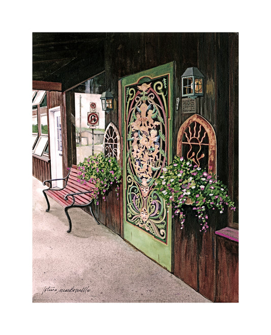 Divine Pizza, Sirianni's- Canaan Valley, WV - Limited Edition Giclée Print, original watercolor by Lotus MacDowell, Artworks WV.  Do you love pizza and funky little restaurants? Well then, this is the place for you! A hidden gem in the mountains of Canaan Valley, WV, this original watercolor painting called "Divine Pizza- Sirianni's" was created by artist Lotus MacDowell because she loved the door. The door, you say?? Yes, the door.