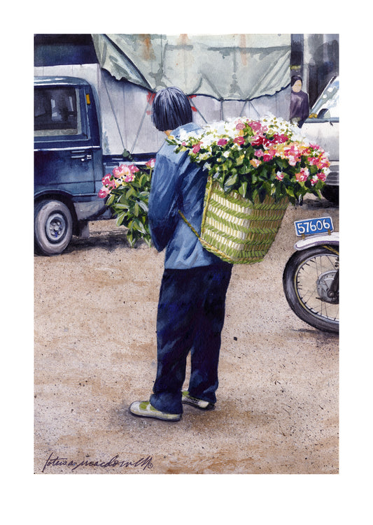 Flower Vendor: Tonglii, China- Limited Edition Giclee Print.  Flowers, anyone? This charming image is created from a full color watercolor painting by Lotus MacDowell, inspired by her travels to China. The title, "Flower Vendor- Tonglii, China", beautifully depicts a woman in the streets with a huge basket on her back filled with flowers, selling to passersby.