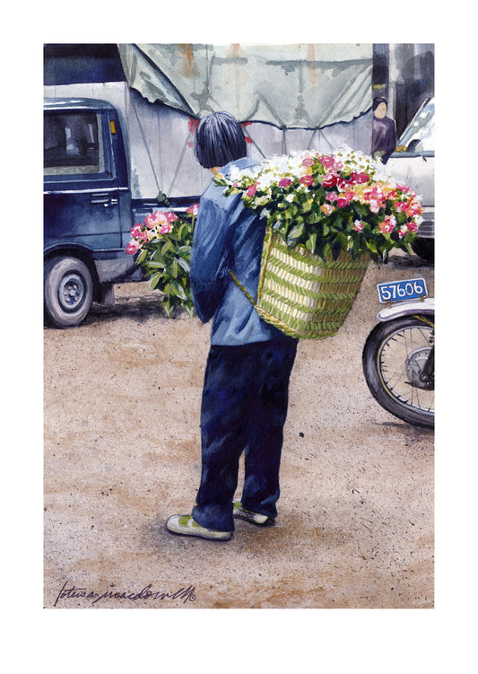 Flower Vendor: Tonglii, China- Limited Edition Giclee Print.  Flowers, anyone? This charming image is created from a full color watercolor painting by Lotus MacDowell, inspired by her travels to China. The title, "Flower Vendor- Tonglii, China", beautifully depicts a woman in the streets with a huge basket on her back filled with flowers, selling to passersby. 