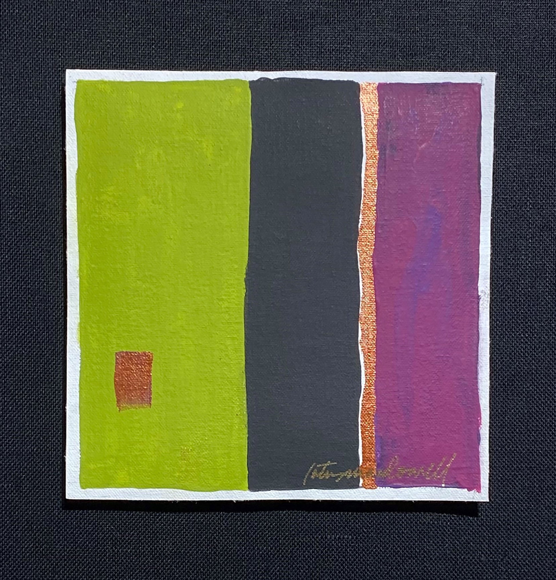 Lone Guardian- Original Acrylic Painting on Canvas: This original painting by Lotus MacDowell, Artworks WV, is the last one in a series of twenty two, and the black in the image represents darkness or a void. The green and pink area are moving toward the center as if they want to eliminate the black. The copper line seems to protect the pink area from being absorbed.