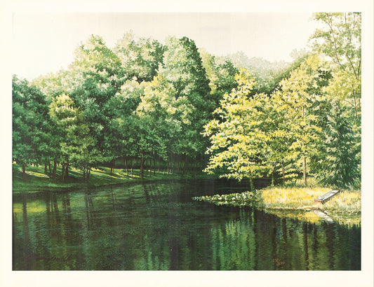 Oral Lake: Early Morning- Bridgeport, WV- Limited Edition Print, original watercolor painting by Lotus MacDowell, Artworks WV.  Talk about sheer bliss: that's where you'll be after gazing at this gorgeous watercolor painting of a lake in the early morning sunlight. This peaceful landscape was originally created by Lotus MacDowell, who loves the outdoors and especially the combination of water and woods.