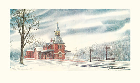 Point of Rocks-Harper's Ferry, WV- Limited Edition Print: Introducing the Limited-Edition Print version of this watercolor painting by Lotus MacDowell, Artworks WV, depicting an oncoming winter storm swirling around an imposing train station. Created with a limited palette of colors, the background landscape and sky are in a deep slate blue, and contrasted by the cool, red brickwork on the building.