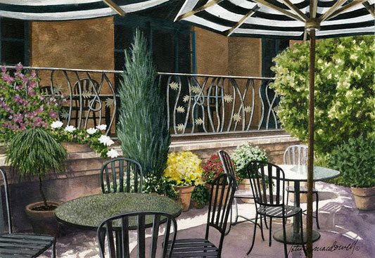 Preparing for the Party-Napa Valley, CA- Limited Edition Giclee Print, original watercolor by Lotus MacDowell, Artworks WV.  Now who doesn't like the idea of sitting down in a lovely little cafe setting with something tasty to eat and a great glass of wine, in the shade of a big umbrella while the sun splashes across the courtyard?