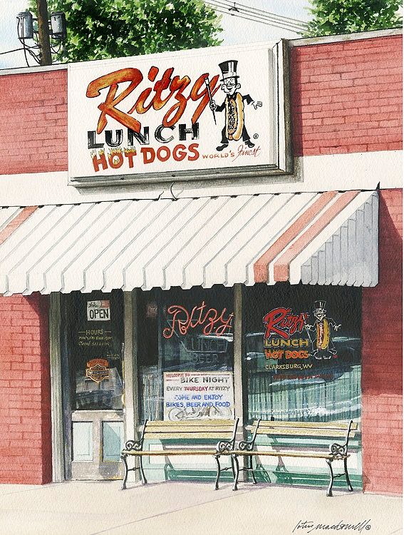 Ritzy Lunch-Clarksburg, WV- Limited Edition Giclee Print, original watercolor by Lotus MacDowell, Artworks WV. See this beautiful close-up rendering of a small-town local bar and restaurant and you will want to grab a hot dog and sit on those front benches, enjoying the sunshine. This watercolor painting by Lotus MacDowell will bring a sense of charm and history to your home, office, or guest house.