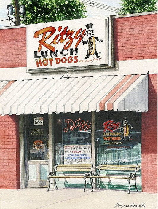 Ritzy Lunch-Clarksburg, WV- Limited Edition Giclee Print, original watercolor by Lotus MacDowell, Artworks WV.  See this beautiful close-up rendering of a small-town local bar and restaurant and you will want to grab a hot dog and sit on those front benches, enjoying the sunshine. This watercolor painting by Lotus MacDowell will bring a sense of charm and history to your home, office, or guest house.