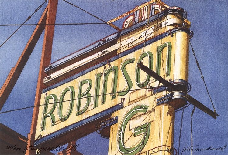 Robinson Grand-Clarksburg, WV- Limited Edition Print: Vintage signs; they're the hottest look in decor. Think contemporary with a twist of cool nostalgia. The original watercolor painting by Lotus MacDowell, Artworks WV, showcases a neon sign in pale washed out yellow with blue stripes and faded green lettering. Very Art deco in design