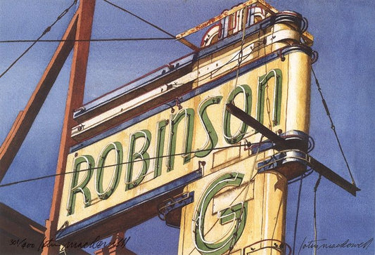 Robinson Grand-Clarksburg, WV- Limited Edition Print: Vintage signs; they're the hottest look in decor. Think contemporary with a twist of cool nostalgia. The original watercolor painting by Lotus MacDowell, Artworks WV, showcases a neon sign in pale washed out yellow with blue stripes and faded green lettering. Very Art deco in design