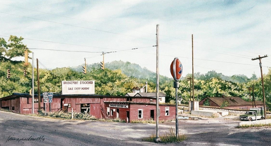 Sale Every Monday-Bridgeport, WV- Limited Edition Giclee Print. Presenting the Limited Edition Giclee Print of this classic stockyard scene titled, "Sale Every Monday", from an original watercolor painting by Lotus MacDowell, Artworks WV. This is the place where farmers would haul their cattle to buy and sell, and it was right in the center of town.