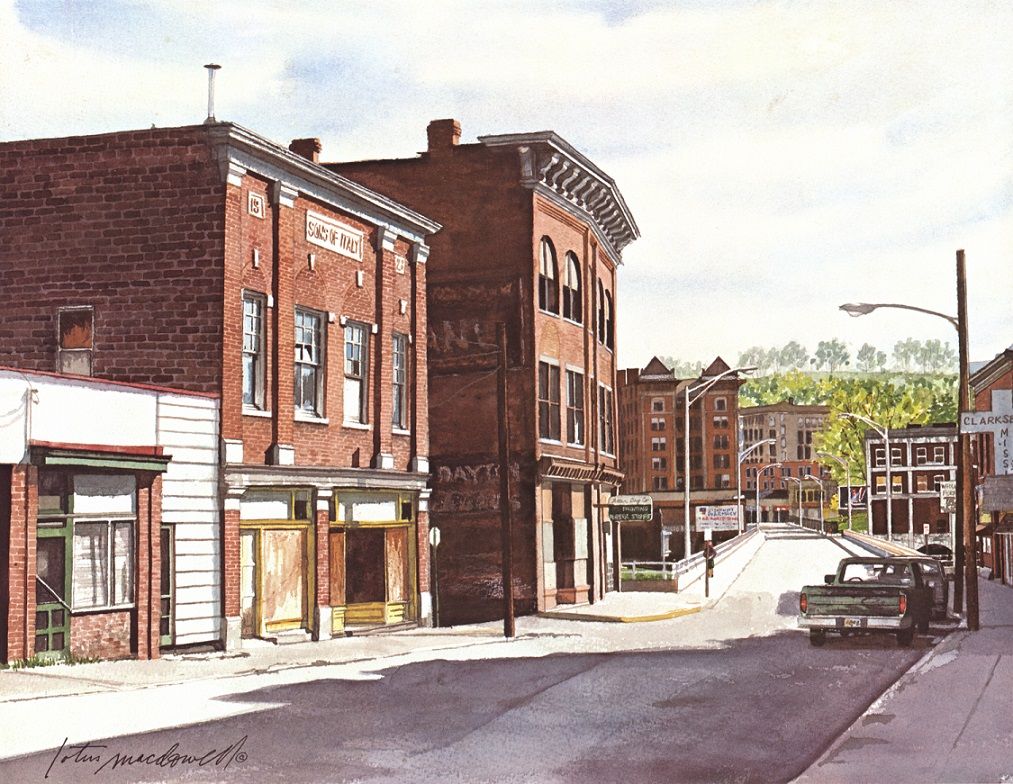 Sons of Italy-Clarksburg, WV- Limited Edition Print. original watercolor by Lotus MacDowell, Artworks WV. This is the old warehouse district of Clarksburg, WV. Lotus was drawn to the architecture of the Sons of Italy building. Even though it was boarded up, it still had a dignity about it that was nice.