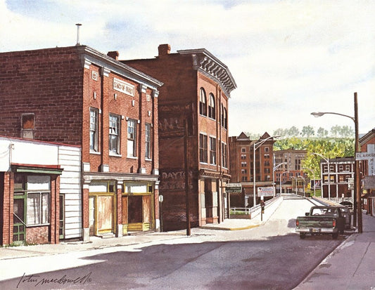 Sons of Italy-Clarksburg, WV- Limited Edition Print. original watercolor by Lotus MacDowell, Artworks WV.  This is the old warehouse district of Clarksburg, WV. Lotus was drawn to the architecture of the Sons of Italy building. Even though it was boarded up, it still had a dignity about it that was nice.