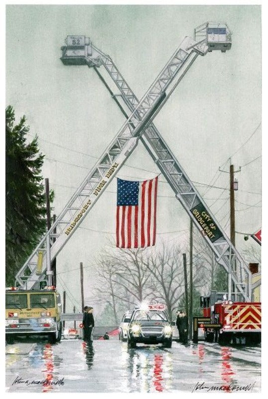 Tribute Armed Forces Commemoration - Limited Edition Giclee Print. This moving subject is a watercolor painting by Lotus MacDowell, Artworks WV. The title "Tribute" depicts the funeral procession of Deputy US Marshal Derek Hotsinpiller, who lost his life in the line of duty. Derek was only in his early 20's and the sense of grief and loss in the community was profound.