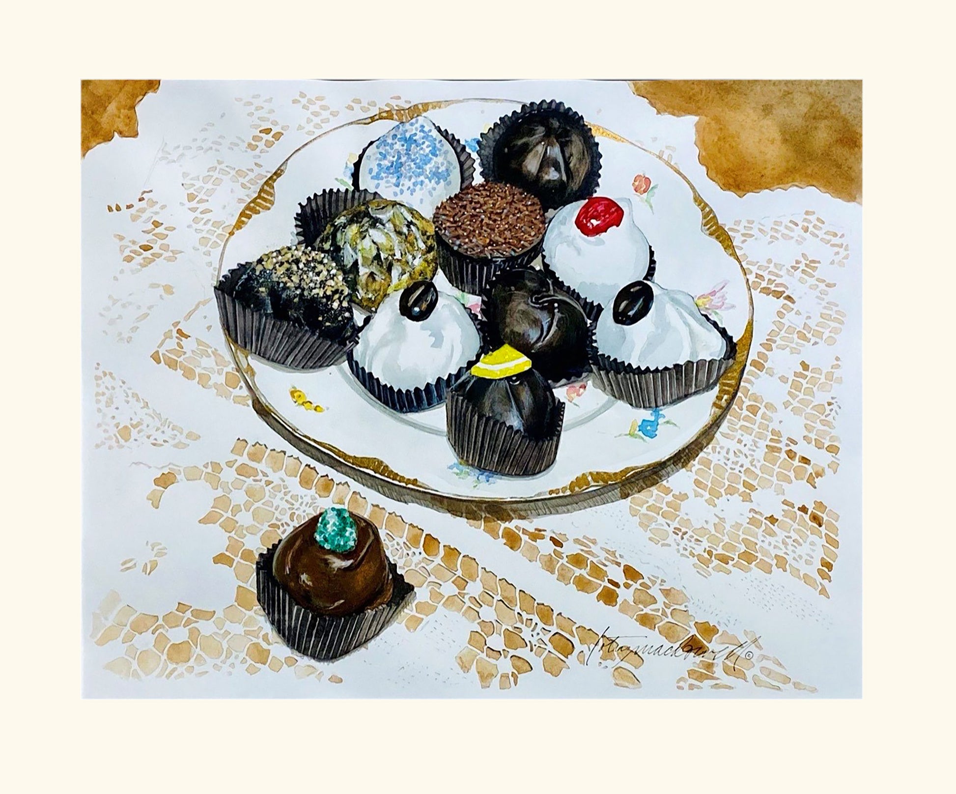 Truffles-Pastry II- Limited Edition Print.  Wow - just look at those chocolate truffles! This tantalizing display of edible art is the subject for Artworks WV's principle artist, Lotus MacDowell’s original watercolor painting called "Truffles-Pastry 2". Displayed on an antique plate that is placed on a lace cloth, each truffle is painstakingly created to look rich, delicious, and unique.