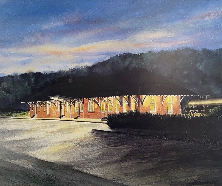 Twilight Remembrance- Limited Edition Print, original watercolor painting by Lotus MacDowell, Artworks WV.  Twilight; That special time when day gives over to night and sets the scene in this unique rendering of a train station. This full color watercolor painting by Lotus MacDowell depicts a train station, its background shrouded with the deep greens and blues of the oncoming night shadows.