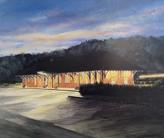 Twilight Remembrance- Limited Edition Print, original watercolor painting by Lotus MacDowell, Artworks WV.  Twilight; That special time when day gives over to night and sets the scene in this unique rendering of a train station. This full color watercolor painting by Lotus MacDowell depicts a train station, its background shrouded with the deep greens and blues of the oncoming night shadows.
