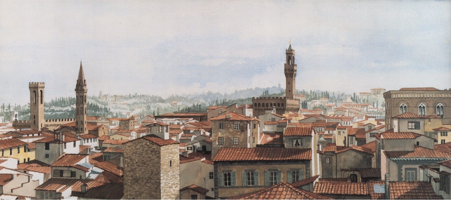 What I Saw-Florence, Italy- Limited Edition Print.  Attention all lovers of architecture and romance! Now you can combine the two into one! This panoramic view of Florence, Italy is from an incredibly detailed watercolor painting by Lotus MacDowell, Artworks WV.