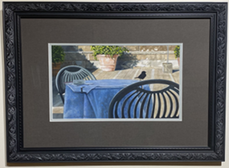 The Visitor-Florence, Italy- Original Watercolor Painting by Lotus MacDowell, Artworks WV. What is that little bird doing perched on the chair? Why, its looking to score some crumbs left on this table in this romantic setting. Aptly titled “The Visitor” the viewer is watching all of this unfold as the bird seems oblivious.