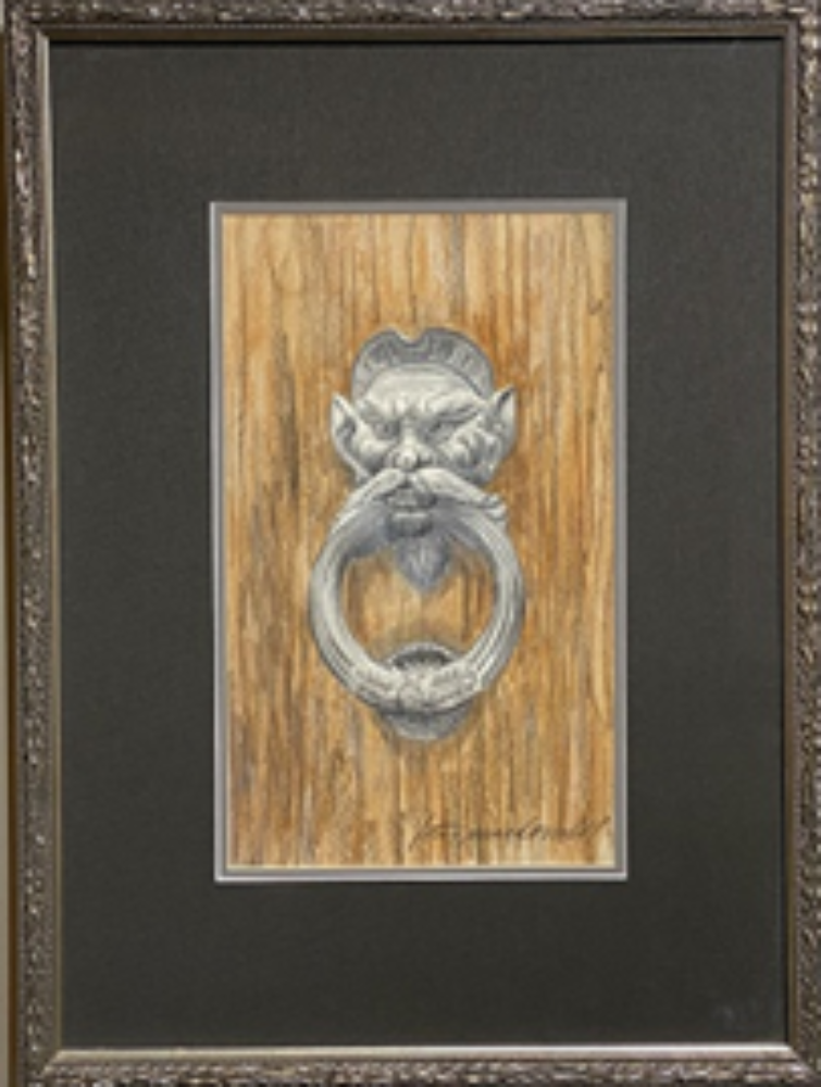 Doorknocker: Florence, Italy - Original Watercolor Painting with Graphite by Lotus MacDowell, Artworks WV. Sometimes the small details in life are the most overlooked and under appreciated; just like this lovely rendering of a door knocker in Italy. The artist has kept the color palette simple to enhance the main subject.