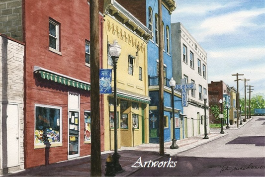 esus Saves-Clarksburg, WV- Limited Edition Giclee Print, original watercolor painting by Lotus MacDowell, Artworks WV.  This street scene is in the Glen Elk section of Clarksburg, WV: the warehouse area where people caught the train to go to DC and New York; at the end of the street is one of the train cars.