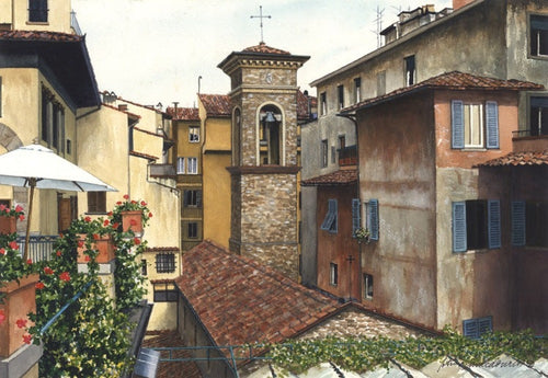 Early Morning: Florence, Italy - Limited Edition Print, original watercolor by Lotus MacDowell, Artworks WV.  This is a view that Lotus woke up seeing from her hotel window in Florence, Italy. She liked the stone church tower in the middle, and the way the light and shadows played against each other. The day seems overcast/partly cloudy yet there seems to be a little brightness in the foreground, by the umbrella. 