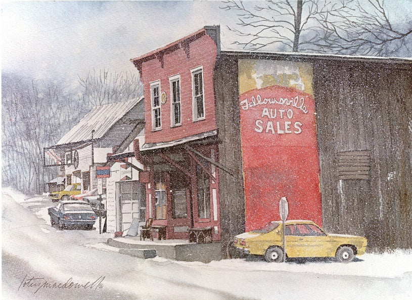 Fellowsville Auto Sales- Limited Edition Print: This limited-edition version of the watercolor painting titled "Fellowsville Auto Sales" is a storefront in winter with a sign from years gone by. This painting by Lotus MacDowell, Artworks WV, captures this charming old storefront, located in Preston County, WV, with its aged signage and sets the mood by placing it in the dead of winter. The cool blues and grays lend a great contrast to the red sign.