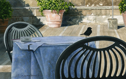 The Visitor-Florence, Italy- Limited Edition Giclee Print.  What is that little bird doing perched on the chair? Why, its looking to score some crumbs left on this table in this romantic setting. This image is a watercolor painting by Lotus MacDowell, Artworks WV. Aptly titled “The Visitor” the viewer is watching all of this unfold as the bird seems oblivious. 