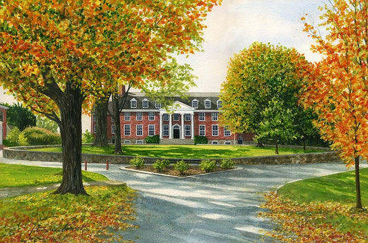 Saint James School-Hagerstown, MD- Limited Edition Giclee Print, original watercolor by Lotus MacDowell, Artworks WV.  This Beautiful painting of a private school captures all the tradition of an old school (in operation since 1842) and the kind of classic beauty that takes years of cultivation to create. Aged brick with a bold impressive entrance stands in a stately setting like a grand dame.