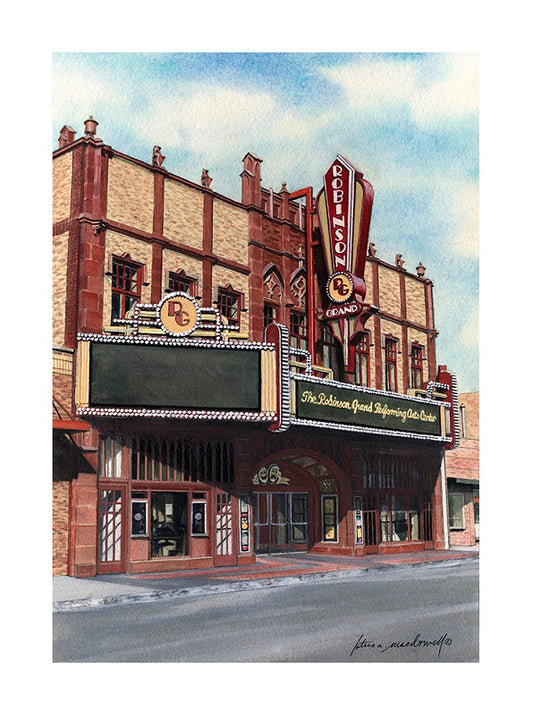 The Robinson Grand Performing Arts Center- Clarksburg, WV- Limited Edition Giclee Print, the original watercolor painting by Lotus MacDowell, Artworks WV.  Wow-This building is an architectural beauty! So much detail and extra touches! The Robinson Grand was an old theater that had gone the way of many older buildings; run down, underappreciated and forgotten by many. Now it has been restored and is in its former glory. 