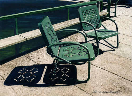 Unfinished Conversation-Oral Lake, Bridgeport, WV- Limited Edition Giclée Print.  What was once old is now new, right? You bet—and this lovely watercolor painting by Lotus MacDowell, Artworks WV, captures the beauty of the old, but in a decidedly contemporary approach. The simplicity of the subject is appealing with the faded green on the chairs, to the beautiful intricate shadows that come from the cutouts. 