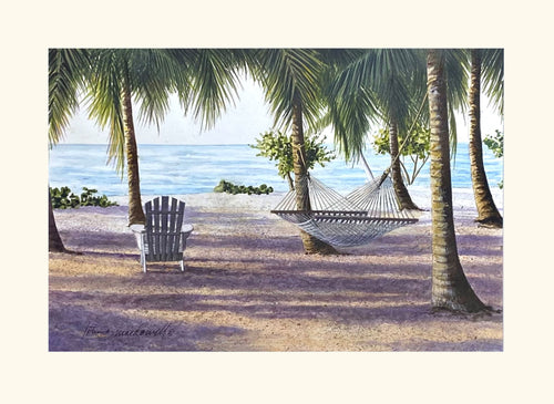 A Book and a Nap-Islamorada, FL- Limited Edition Giclee' print by Lotus MacDowell, Artworks VW: What better relaxation can a person have than dozing in a hammock with a soft warm breeze and the lapping of the ocean? Great, right? This painting is the companion piece for the painting “Favorite Place”. In fact, if you are on the front porch in that painting, this is the exact scene you will see.
