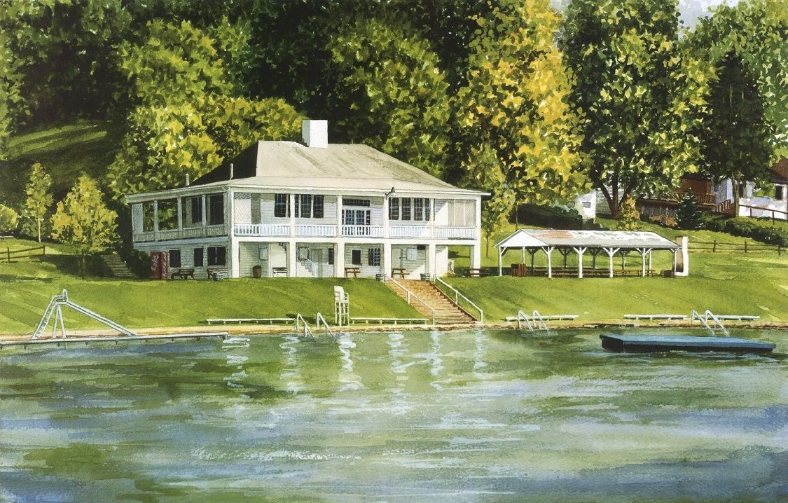 Afternoon at Maple Lake-Bridgeport, WV- Limited Edition Print by Lotus MacDowell, Artworks WV: Hot summer afternoons, clean cool water, and a clubhouse that has not changed in years...that's what this lakeside scene depicts. This limited-edition print is from a watercolor painting called "Afternoon at Maple Lake" by Lotus MacDowell, who created it as a celebration of what small town life has to offer.
