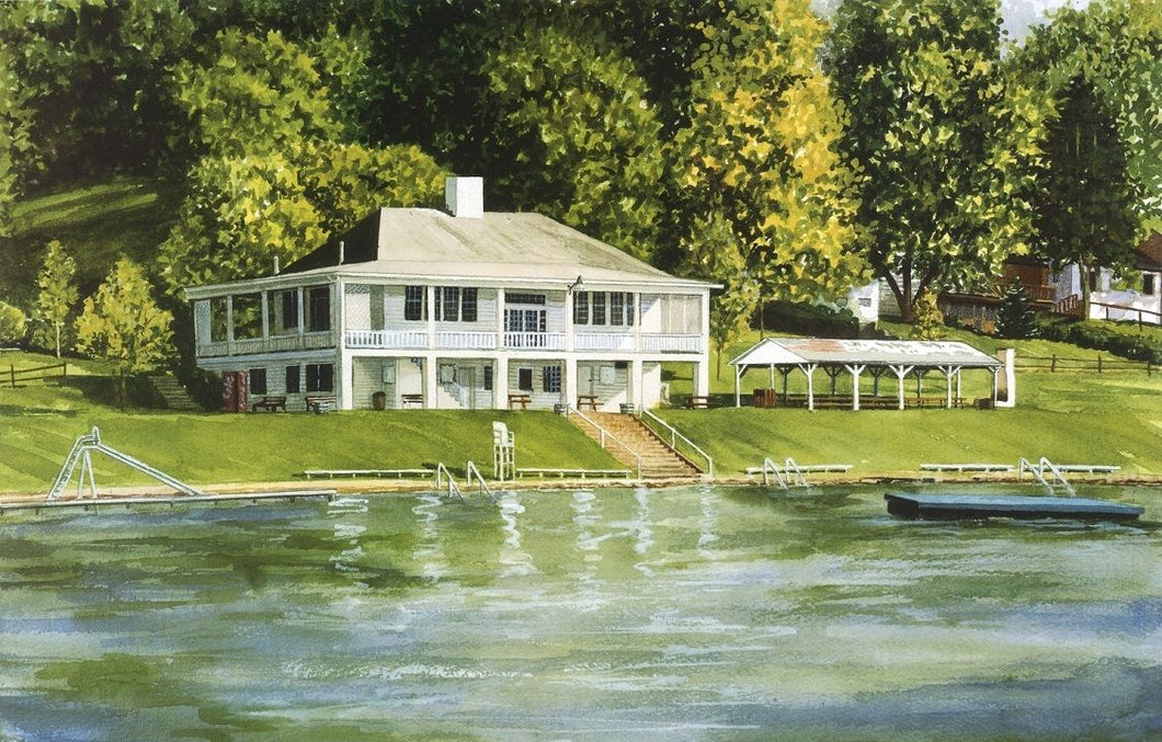 Afternoon at Maple Lake-Bridgeport, WV- Limited Edition Print by Lotus MacDowell, Artworks WV: Hot summer afternoons, clean cool water, and a clubhouse that has not changed in years...that's what this lakeside scene depicts. This limited-edition print is from a watercolor painting called 