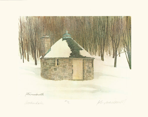 Arthurdale, Preston Co., WV - Limited Edition Print, original by Lotus MacDowell, Artworks WV: Talk about a fairy-tale setting! Introducing the painting titled “Arthurdale” by award winning artist Lotus MacDowell, which has been made into a limited-edition print for your viewing pleasure. This winter scene features a round cut stone building in soft browns and grays, with snow drifts around it.