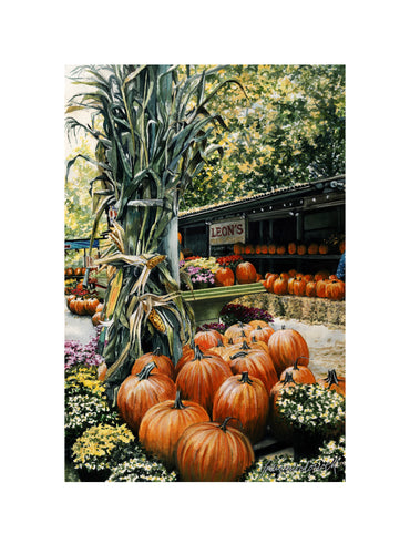 Autumn at Leon's - Clarksburg, WV- Limited Edition Giclée Print, original by Lotus MacDowell, Artworks WV: Every small town has a produce market, and this one displays all the robust colors of fall. This image shows pumpkins, corn stalks and mums with vivid oranges, yellows and greens, accented by teal shadows. By making the image vertical, the artist accentuates the tall corn stalks and draws the viewer's eye to the background with the deep shadows.