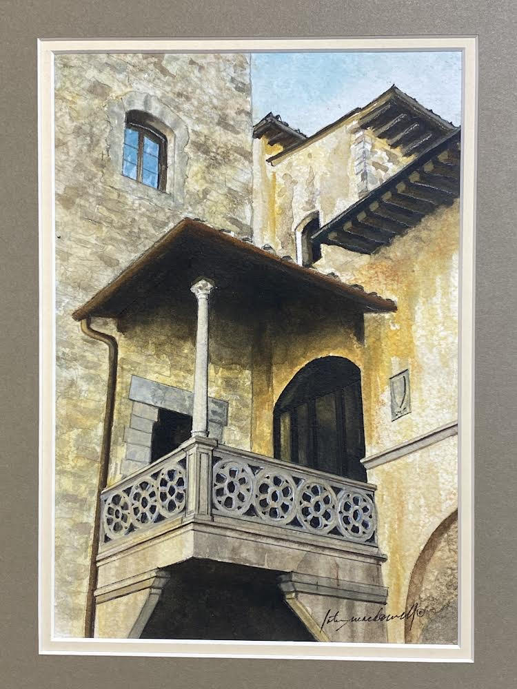 View From Above- Italy- Original Watercolor Painting by Lotus MacDowell, Artworks WV.  This balcony scene sends us back in time to an era where simplistic architecture could still flaunt some special detail. Not every person could have a building with tremendously ornate detail on it. That was usually reserved for the very rich. But there were all types of artisans who could create different types of architectural details and this is an example of a beautiful concrete design with a balcony. 