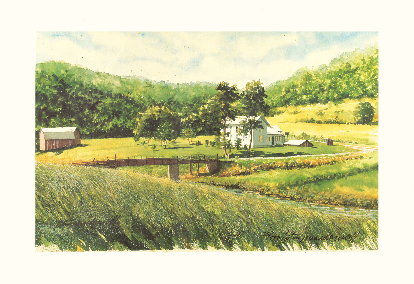 County Line- Brown, WV- Limited Edition Print: Introducing the limited-edition print version of "County Line", from an original watercolor painting by Lotus MacDowell and inspired by her love of the rural countryside. West Virginia is a state with rolling hills, white farmhouses dotting the countryside, and small streams everywhere. 