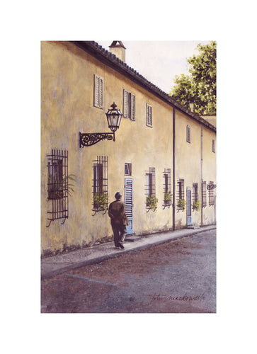 Evening Stroll, Pitti Palace, Florence, Italy- Limited Edition Giclée Print, original watercolor by Lotus MacDowell, Artworks WV.  Oh, the beauty of Italy-where strolling along the streets is practically a national pastime. Lotus MacDowell has captured the essence of this activity in her watercolor painting of a man strolling in the evening.