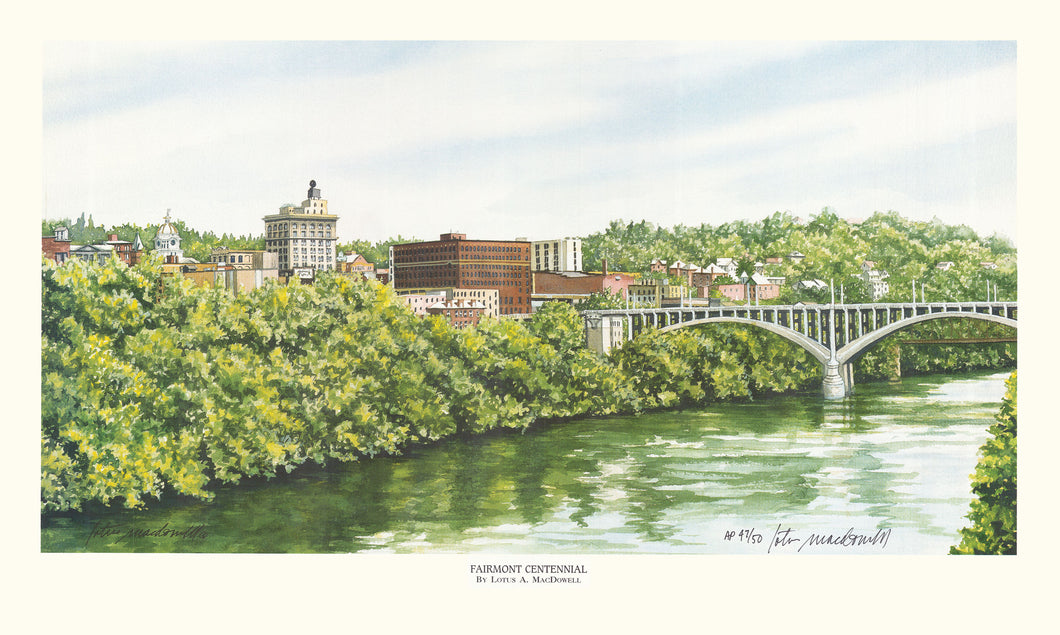 Fairmont Centennial, Fairmont, WV - Limited Edition Print, original watercolor by Lotus MacDowell, Artworks WV.  This bridge lies over the Monongahela River in Fairmont, WV. This bridge was rebuilt to mirror the original bridge that graced the end of this city. The Main Street Development Association commissioned the painting to coincide with the Centennial, hence the title.