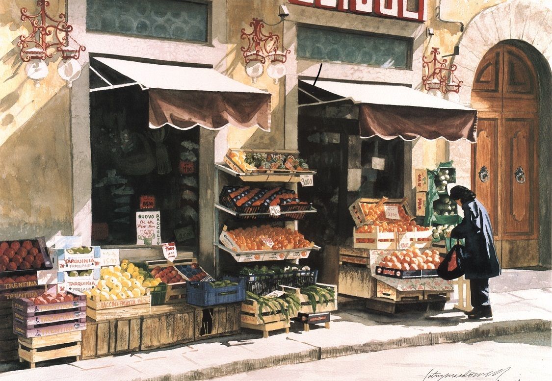 Fruit Market: Florence Italy- Limited Edition Print.  Ahh...the romance of Italy comes alive in "Fruit Market- Florence"; from the beautifully detailed original watercolor painting by Lotus MacDowell. The vibrant colors of the fruits, the awnings shading the windows, and the tremendous contrasts of light and shadow all pull together to make this Italian street scene a complete story in one image.