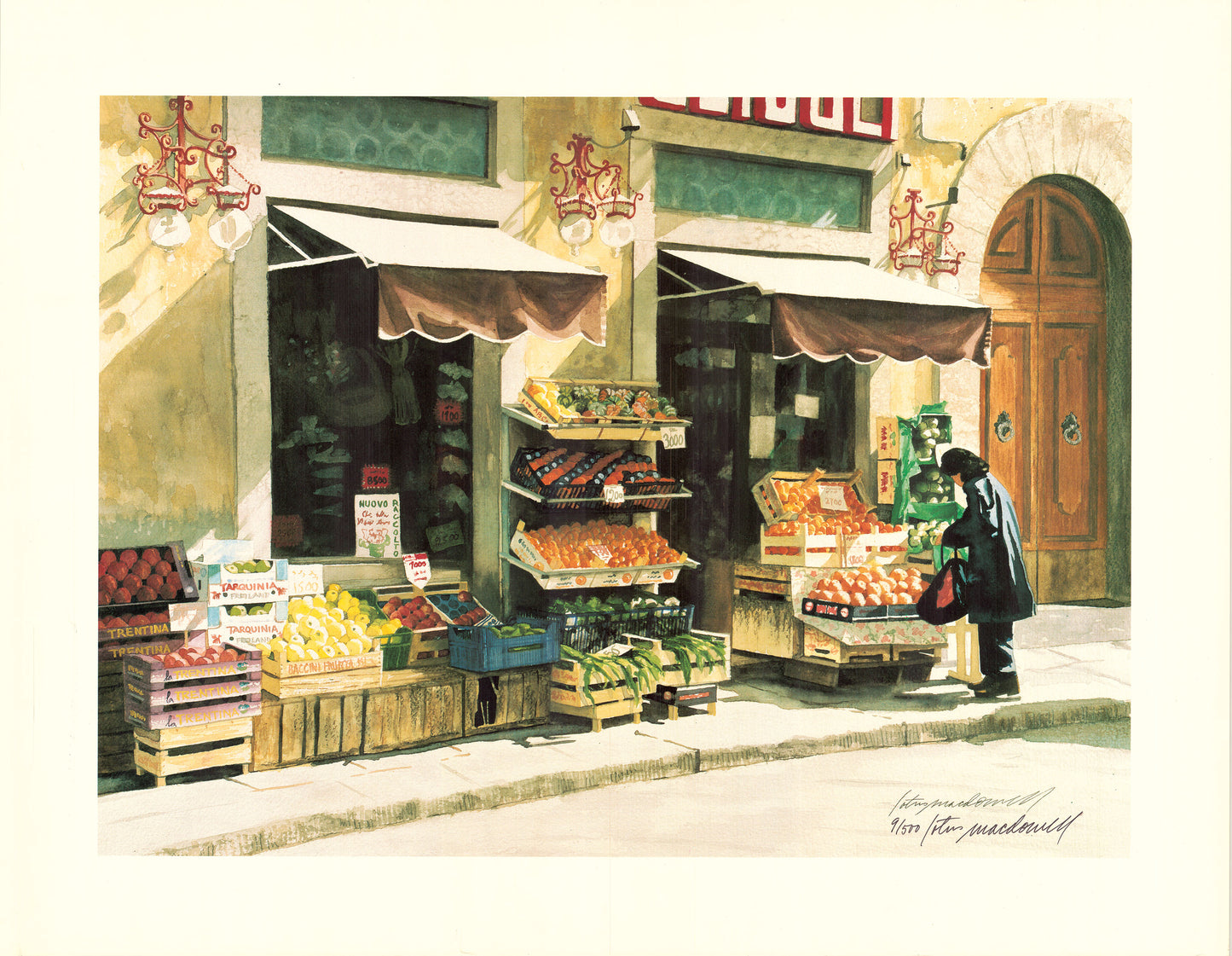Fruit Market: Florence Italy- Limited Edition Print.  Ahh...the romance of Italy comes alive in "Fruit Market- Florence"; from the beautifully detailed original watercolor painting by Lotus MacDowell. The vibrant colors of the fruits, the awnings shading the windows, and the tremendous contrasts of light and shadow all pull together to make this Italian street scene a complete story in one image.