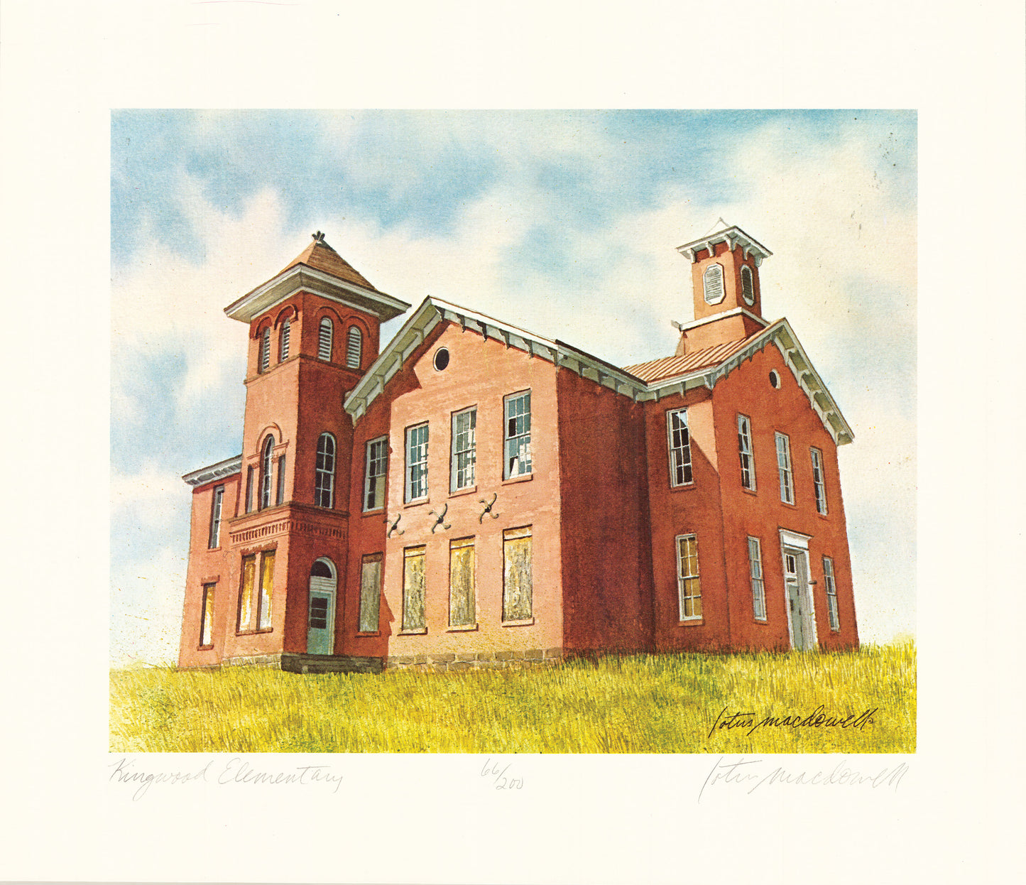 Kingwood Elementary, Preston Co., WV- Limited Edition Print, original watercolor painting by Lotus MacDowell, Artworks WV.  History and Architecture - now there's a match made in heaven. We have both, in this watercolor painting titled “Kingwood Elementary", but the name hides the true identity of this building. This architectural study of a civil war era building in Preston County, WV was used as a hospital during that war and later became a school.