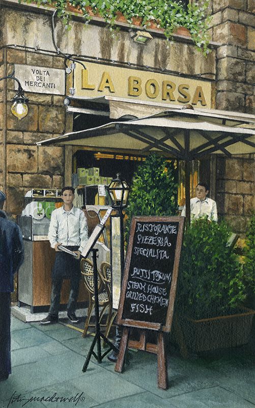 LaBorsa: Florence Italy- Limited Edition Giclee Print, original watercolor by Lotus MacDowell, Artworks WV.  Wow - what you wouldn't give to be seated at this charming little cafe' in the center of Florence! Just watching the people stroll by while you sip on a cappuccino or savor a glass of wine, eating delicious Italian fare...it doesn't get any better than that.